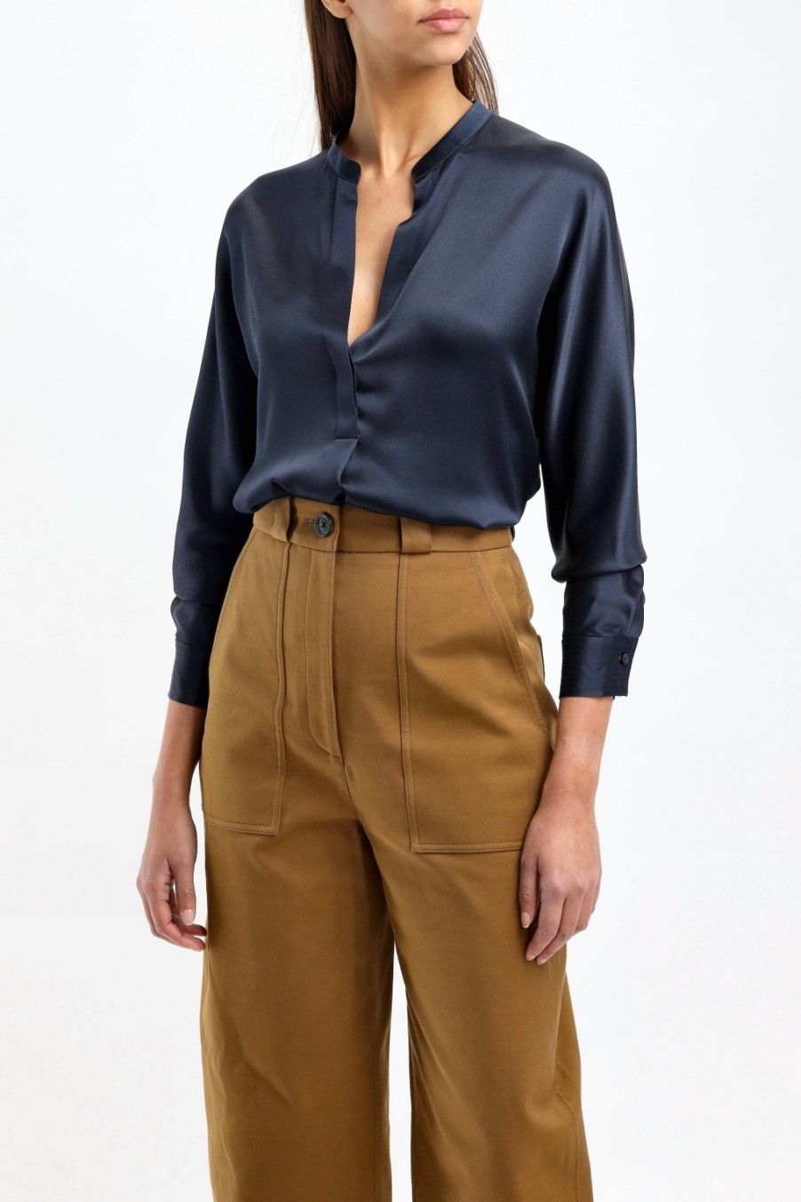 Vetements Vince | Blouse En Soie Band Collar In Coastal Blue