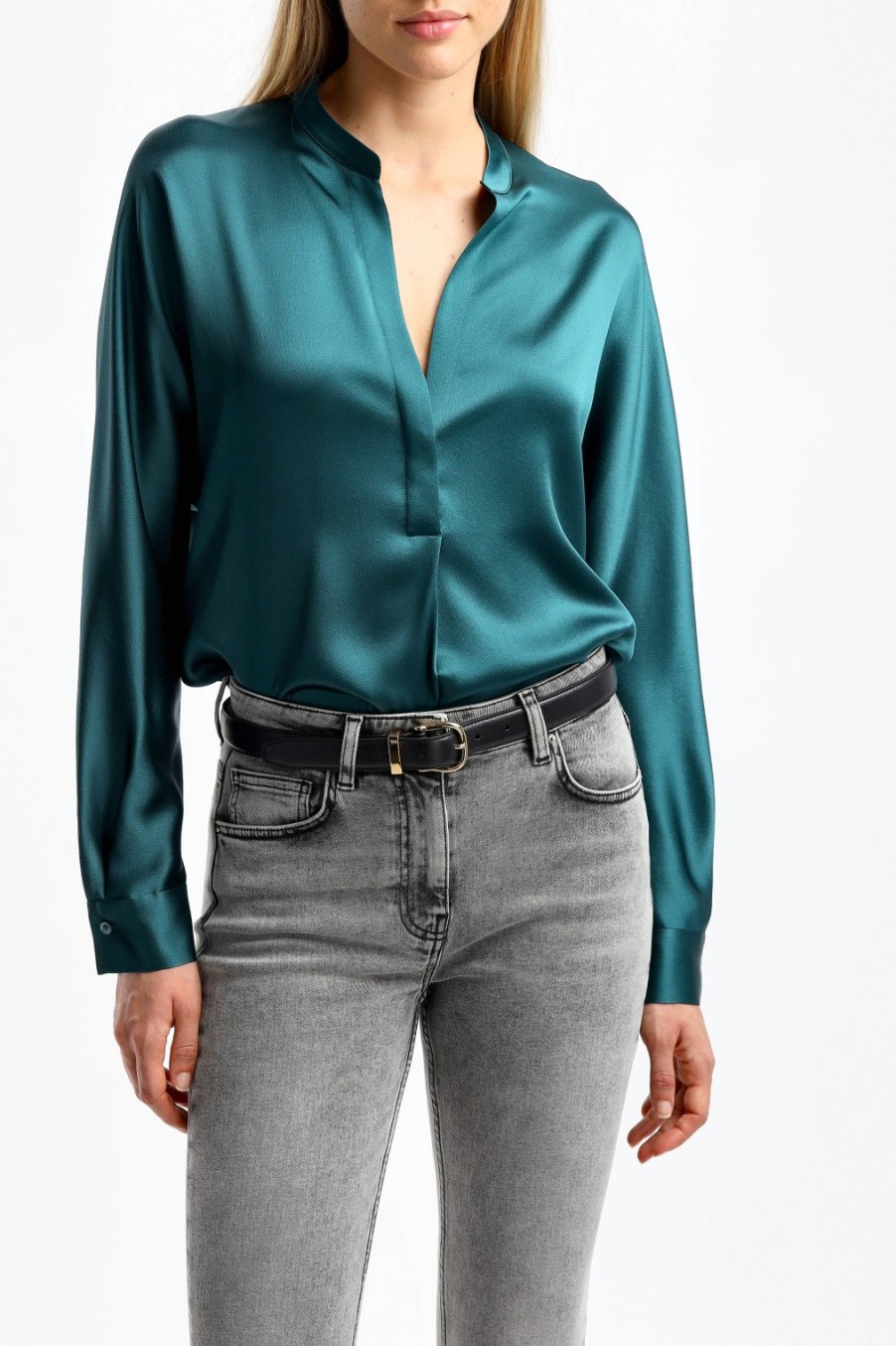 Vetements Vince | Blouse En Soie Band Collar In Deep Kelp