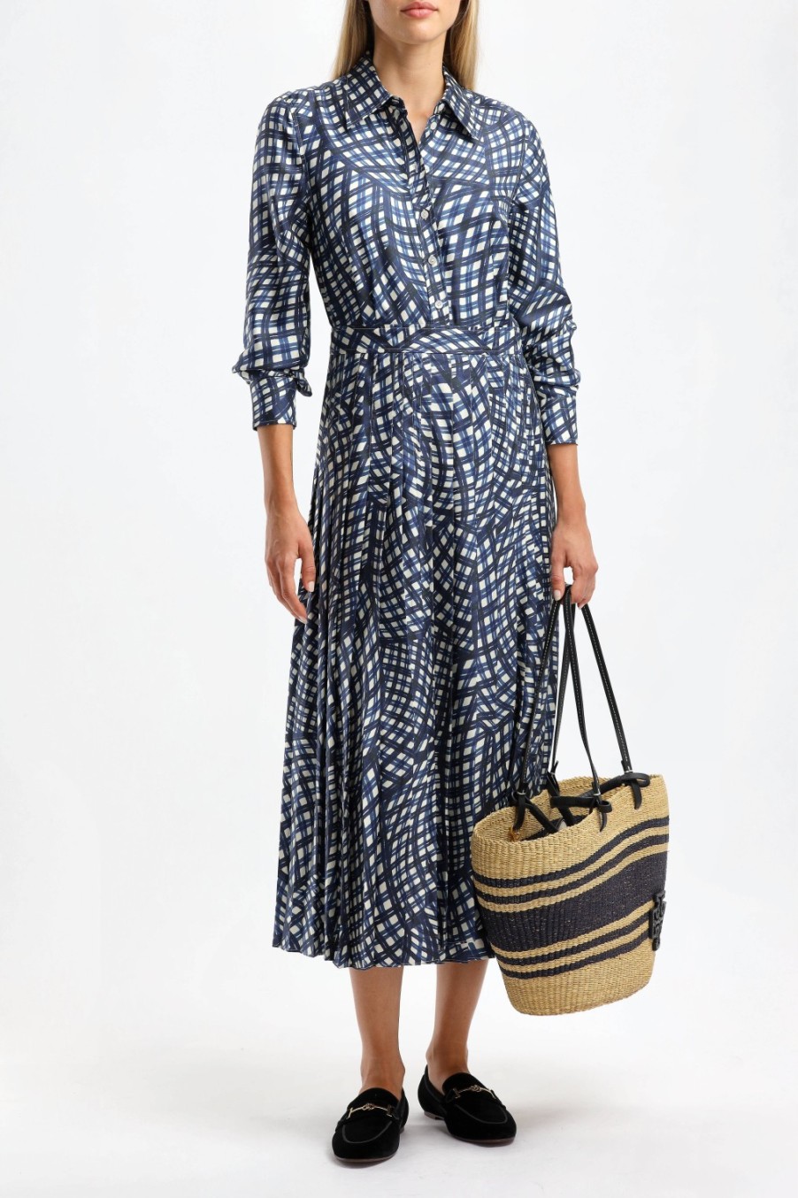 Vetements Tory Burch | Robe En Soie En Vichy Marine Warped Vichy