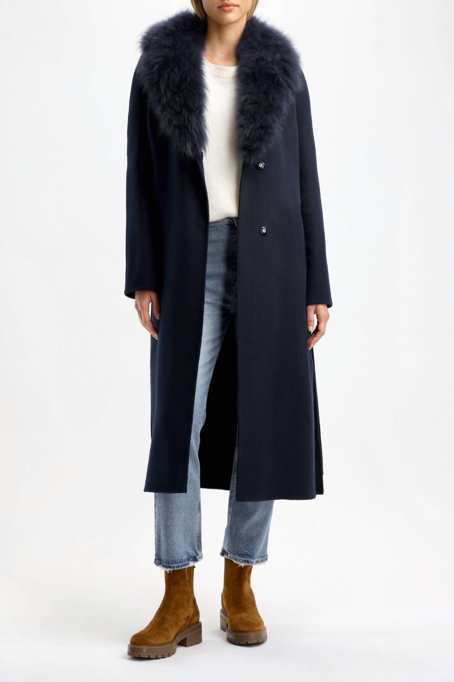 Vetements Yves Salomon | Manteau Avec Col En Fourrure Bleu Marine