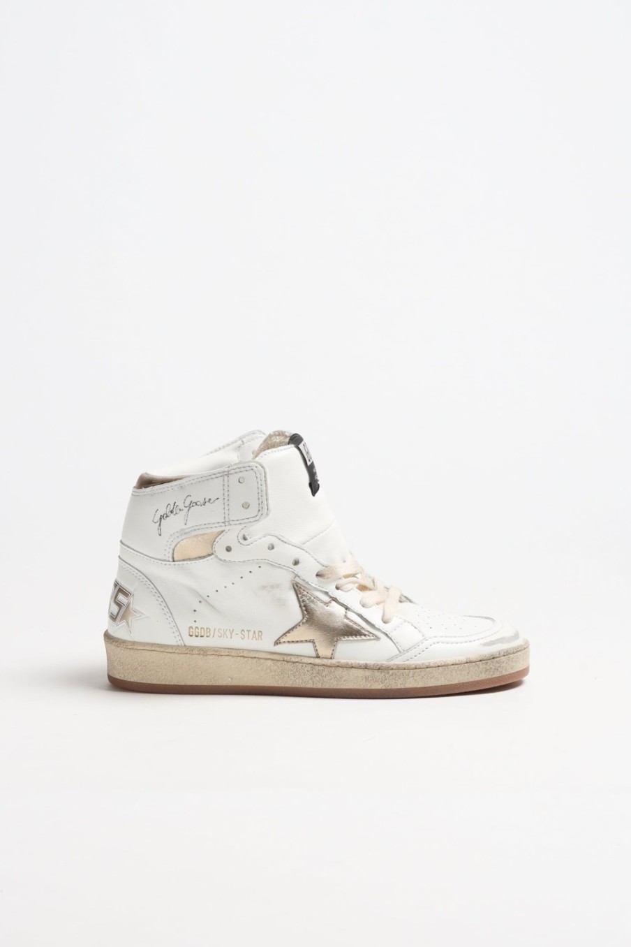 Chaussures Golden Goose | Baskets Sky Star En Blanc/Or Fonce