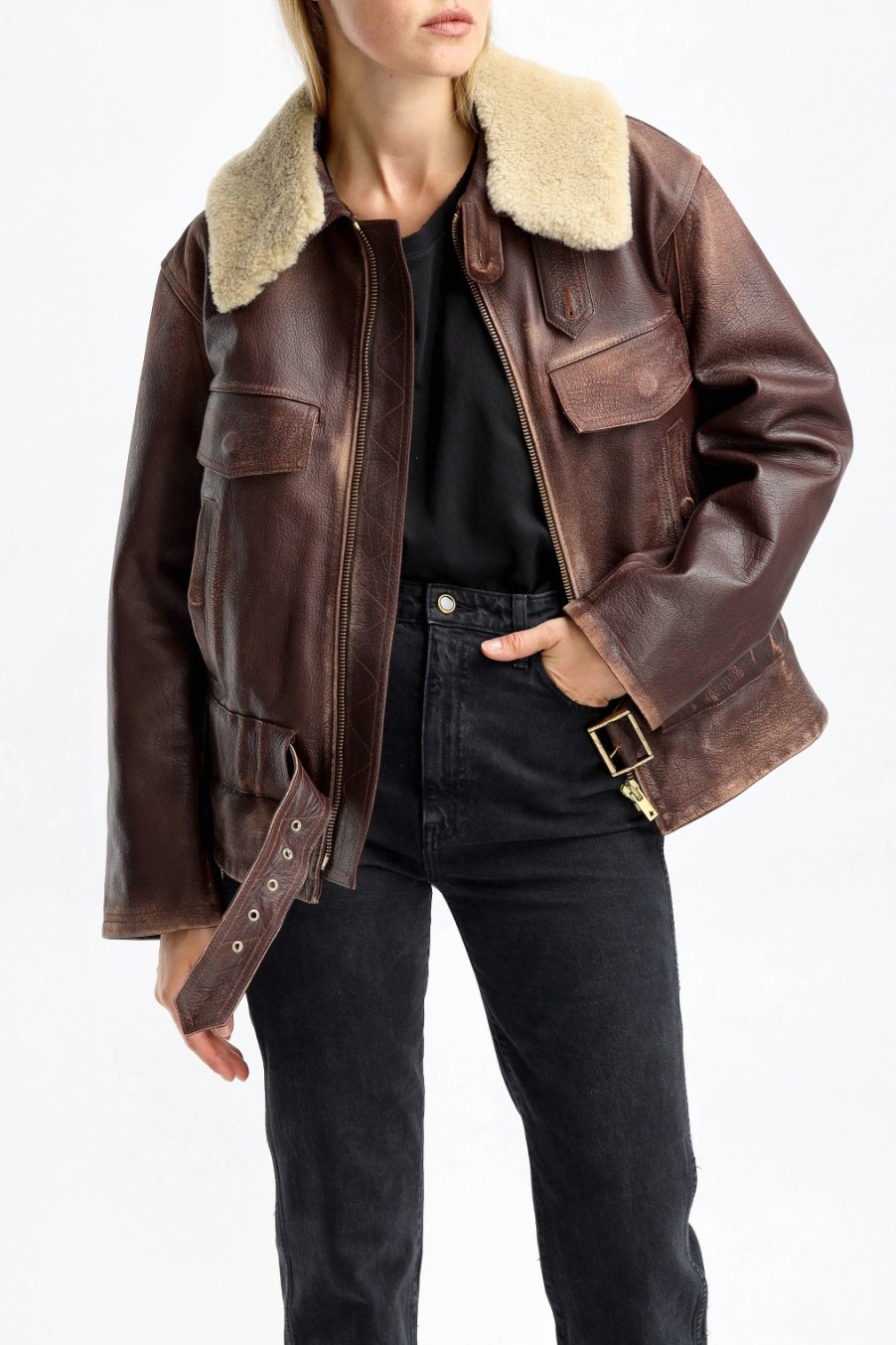 Vetements Golden Goose | Veste En Cuir Aviator A Sassafras